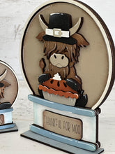 Load image into Gallery viewer, Highland Cow Thanksgiving Snow Globe Interchangeable File SVG, TINY Glowforge, Farm, Pumpkin Pie, Pilgrim, LuckyHeartDesignsCo
