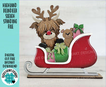 Load image into Gallery viewer, Highland Reindeer Sleigh Standing File SVG, Santa, Christmas, Farm, Cow, Rudolph, Elf, Present, Reindeer, Glowforge, LuckyHeartDesignsCo
