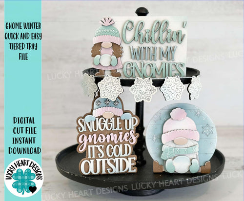 Gnome Winter Quick and Easy Tiered Tray File SVG, Glowforge Snowman, Snowflakes, LuckyHeartDesignsCo