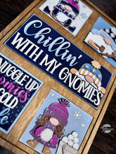 Load image into Gallery viewer, Gnome Winter Interchangeable Leaning Sign File SVG, Snowman, Snowflake, Tiered Tray Glowforge, LuckyHeartDesignsCo
