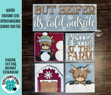 Load image into Gallery viewer, Winter Highland Cow Interchangeable Leaning Sign File SVG, Barn, Snowman, Farm, Glowforge, LuckyHeartDesignsCO
