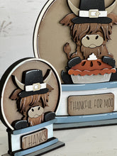 Load image into Gallery viewer, Highland Cow Thanksgiving Snow Globe Interchangeable File SVG, TINY Glowforge, Farm, Pumpkin Pie, Pilgrim, LuckyHeartDesignsCo
