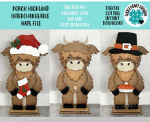 Load image into Gallery viewer, Porch Highland Interchangeable Hats File SVG, Seasonal, Christmas, Cow, Holiday, Farm, Halloween, Fall, Glowforge, LuckyHeartDesignsCo
