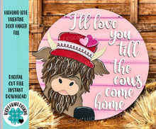 Load image into Gallery viewer, Highland Love Valentines Door Hanger File SVG, Glowforge Farm, Cow, LuckyHeartDesignsCo
