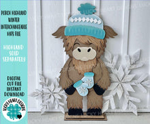 Load image into Gallery viewer, Porch Highland Winter Interchangeable Hats File SVG, (hat only) Seasonal, Cow, Holiday Farm Snowman, Mittens, Glowforge, LuckyHeartDesignsCo
