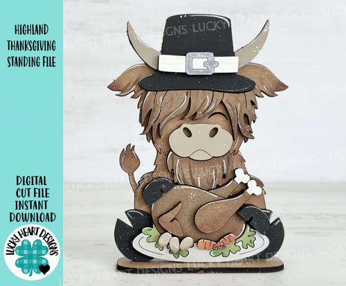 Highland Cow Thanksgiving Standing File SVG, TINY Glowforge, Farm, Turkey, Pumpkin Pie, Pilgrim, LuckyHeartDesignsCo