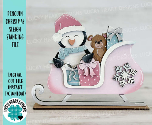Penguin Christmas Sleigh Standing File SVG, Winter, Snow, Santa, Rudolph, Elf, Present, Reindeer, Glowforge, LuckyHeartDesignsCo