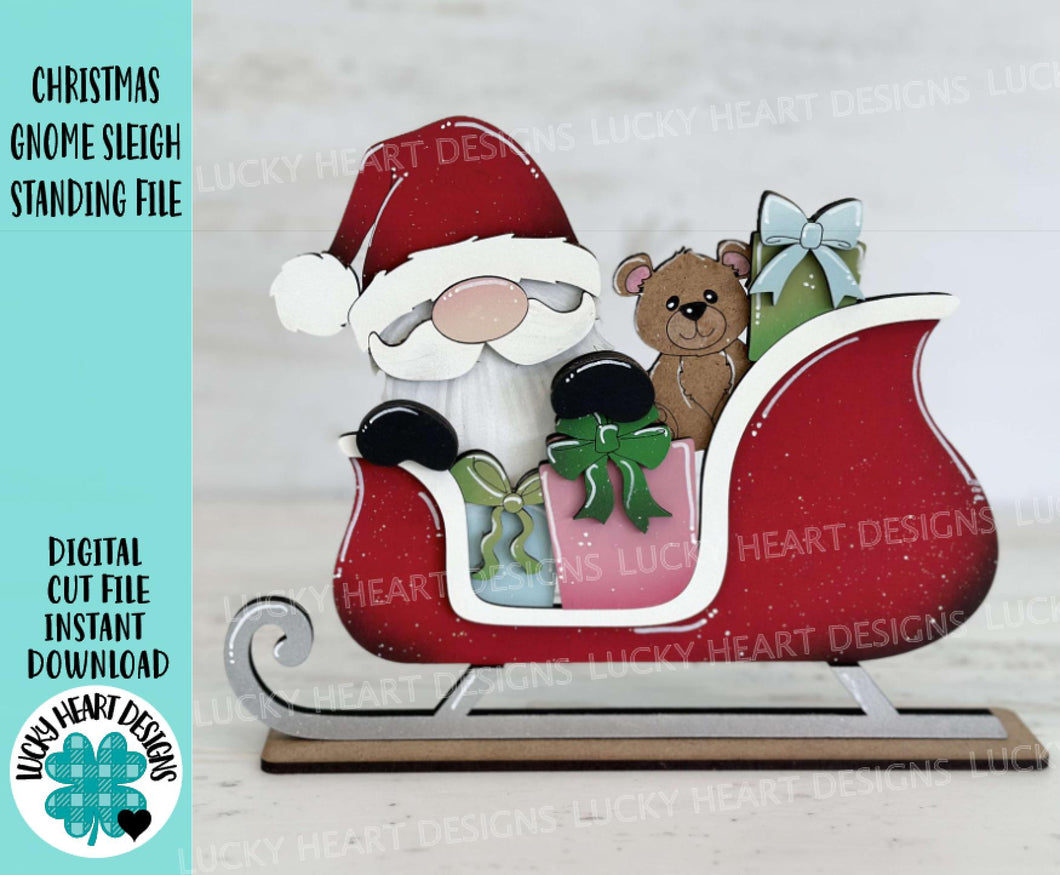 Christmas Gnome Sleigh Standing File SVG, Santa, Rudolph, Elf, Present, Reindeer, Glowforge, LuckyHeartDesignsCo