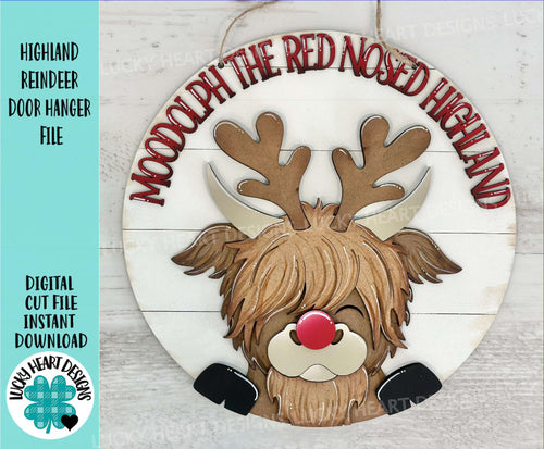 Highland Reindeer Door Hanger File SVG, Glowforge Farm, Cow, Rudolph, Christmas, LuckyHeartDesignsCo
