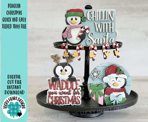 Penguin Christmas Quick and Easy Tiered Tray File SVG, Glowforge Candy Cane, Santa, Tier Tray, LuckyHeartDesignsCo