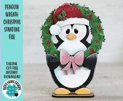 Penguin Wreath Christmas Standing File SVG, Glowforge Candy Cane, Santa, Winter, Tiered Tray, LuckyHeartDesignsCo