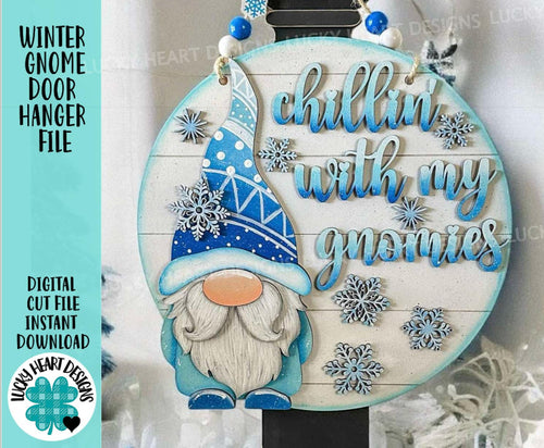 Winter Gnomie Door Hanger Sign SVG File, Gnome, Snowman, Snowflake Sign, Glowforge, LuckyHeartDesignsCo