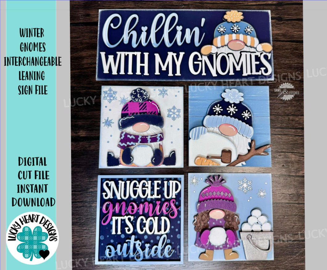 Gnome Winter Interchangeable Leaning Sign File SVG, Snowman, Snowflake, Tiered Tray Glowforge, LuckyHeartDesignsCo