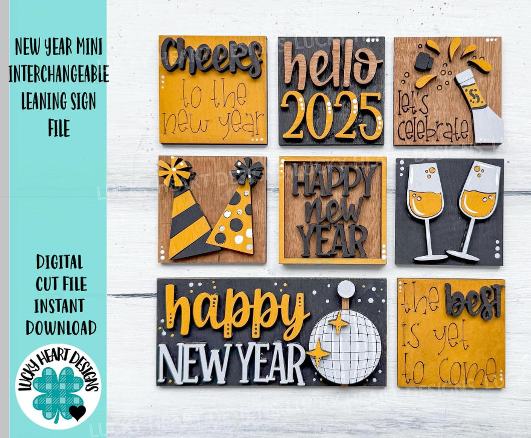 New Year MINI Interchangeable Leaning Sign File SVG, Snowman, Celebrate, Champagne, Ball Drop, Tiered Tray Glowforge, LuckyHeartDesignsCo