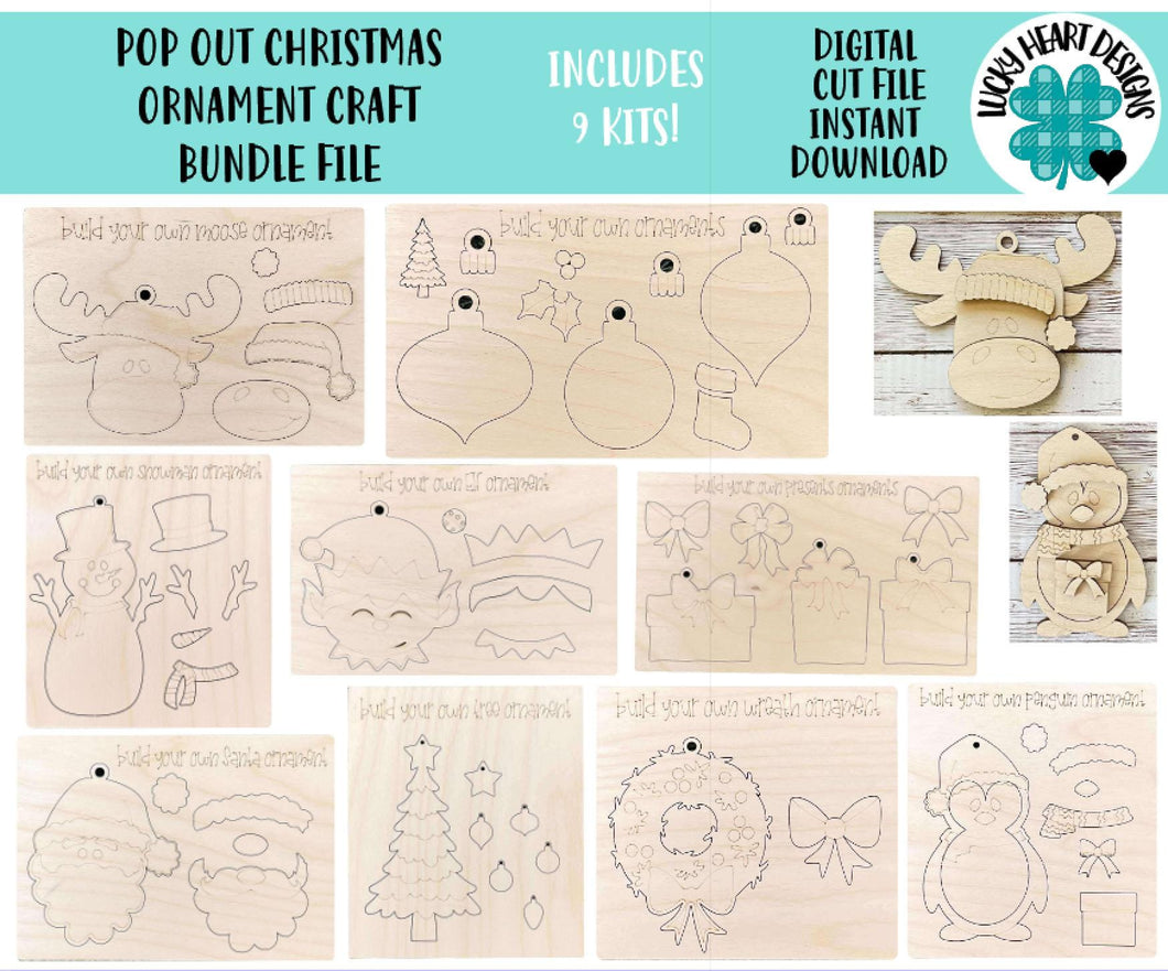 Pop Out Christmas Ornament Craft Bundle File SVG, Gift, Santa, Moose, Tree, Penguin, Snowman, Kids Craft, Glowforge, LuckyHeartDesignsCo