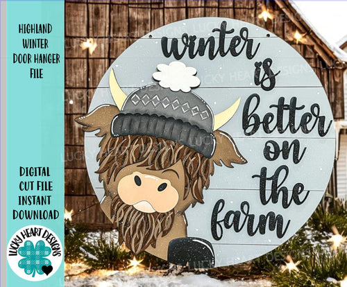 Highland Winter Door Hanger File SVG, Glowforge, Farm, Cow, LuckyHeartDesignsCo