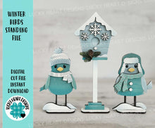 Load image into Gallery viewer, Winter Birds Standing File SVG, Glowforge, Birdhouse, Snowflake, Snowman, Tiered Tray LuckyHeartDesignsCo
