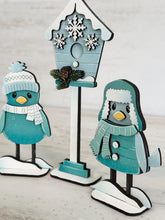 Load image into Gallery viewer, Winter Birds Standing File SVG, Glowforge, Birdhouse, Snowflake, Snowman, Tiered Tray LuckyHeartDesignsCo
