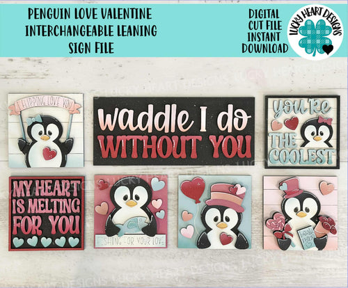 Penguin Love Valentine Interchangeable Leaning Sign File SVG, Glowforge Heart, Flowers, Tiered Tray, LuckyHeartDesignsCo