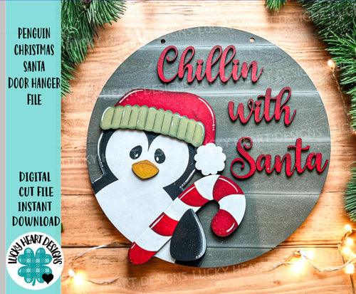 Penguin Christmas Door Hanger File SVG, Glowforge, Santa, Tree, Bow, LuckyHeartDesignsCo