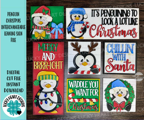 Penguin Christmas Interchangeable Leaning Sign File SVG, glowforge Santa, Reindeer, Elf, Tiered Tray, LuckyHeartDesignsCo