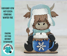 Load image into Gallery viewer, Highland Cow Hot Cocoa Winter Standing File SVG, Snowflake, Farm, Chocolate, Frosty, Holiday, Tiered Tray, Glowforge, LuckyHeartDesignsCo
