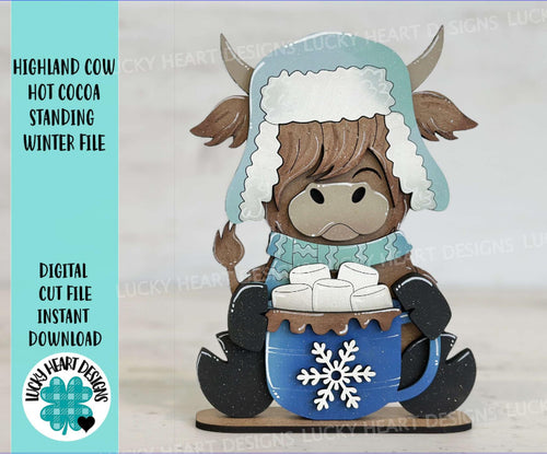 Highland Cow Hot Cocoa Winter Standing File SVG, Snowflake, Farm, Chocolate, Frosty, Holiday, Tiered Tray, Glowforge, LuckyHeartDesignsCo