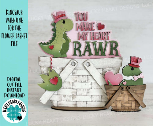 Dinosaur Valentine For The Flower Basket Interchangeable File SVG, Heart Love, TINY Rawr, Roar Tiered Tray Glowforge LuckyHeartDesignsCo