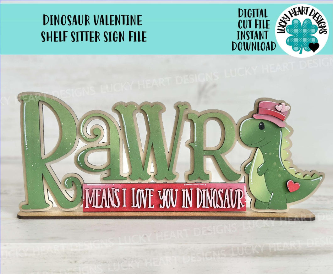 Dinosaur Valentine Rawr LOVE Shelf Sitter Sign File SVG, Heart, Roar, Tiered Tray Glowforge LuckyHeartDesignsCo