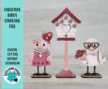 Load image into Gallery viewer, Valentine Birds Standing File SVG, Glowforge, Birdhouse, Heart, Love, Flowers, Balloon, Tiered Tray LuckyHeartDesignsCo
