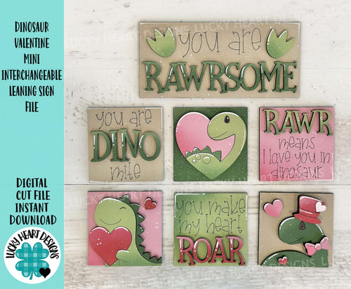 Dinosaur Valentines MINI Interchangeable Leaning Sign File SVG, Roar, Rawr, Heart, Love, Tiered Tray Glowforge, LuckyHeartDesignsCo