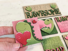Load image into Gallery viewer, Dinosaur Valentines MINI Interchangeable Leaning Sign File SVG, Roar, Rawr, Heart, Love, Tiered Tray Glowforge, LuckyHeartDesignsCo
