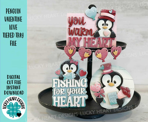 Penguin Valentines Love Tiered Tray File SVG, Glowforge, Heart, Flowers, LuckyHeartDesignsCo