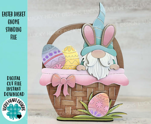 Easter Basket Gnome Standing File SVG, Glowforge Bunny, Tiered Tray, Egg, LuckyHeartDesignsCo