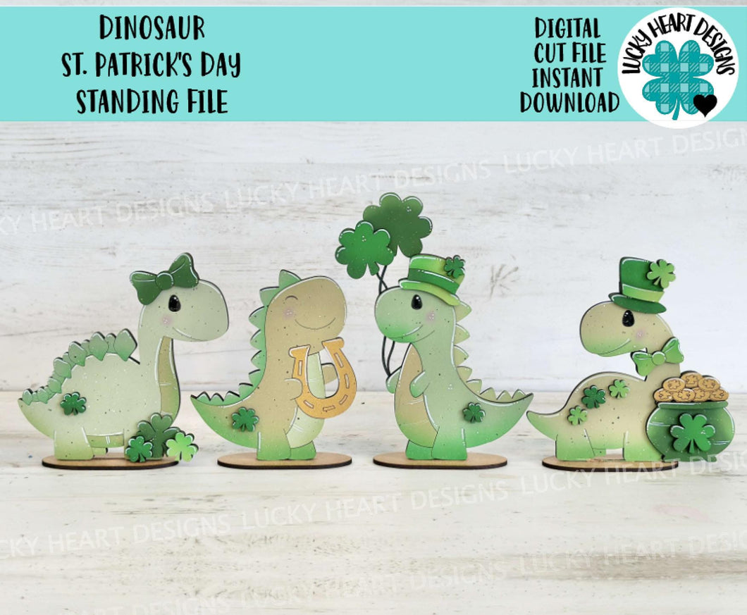 Dinosaur St. Patrick's Day Standing File SVG TINY, Lucky, Clover, Leprechaun, Glowforge LuckyHeartDesignsCo