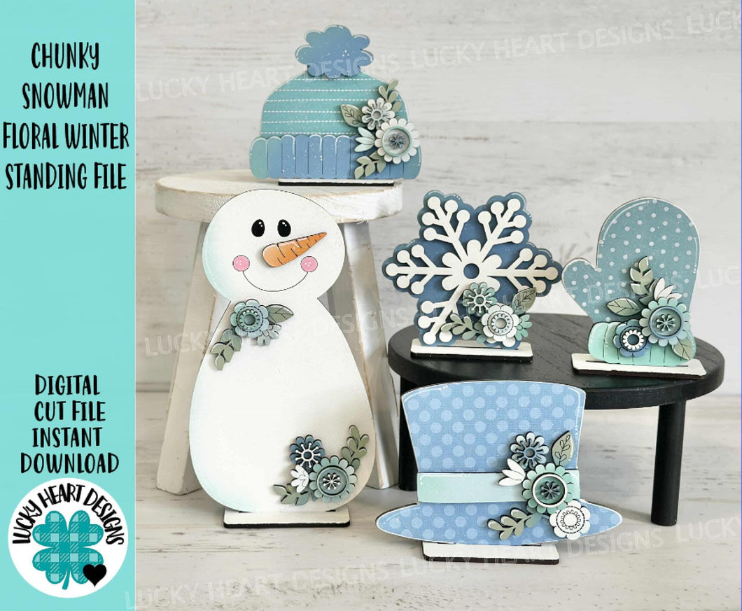 Chunky Snowman Floral Winter Standing File SVG, Glowforge, Hat, Mitten, Snowflake, Tiered Tray LuckyHeartDesignsCo