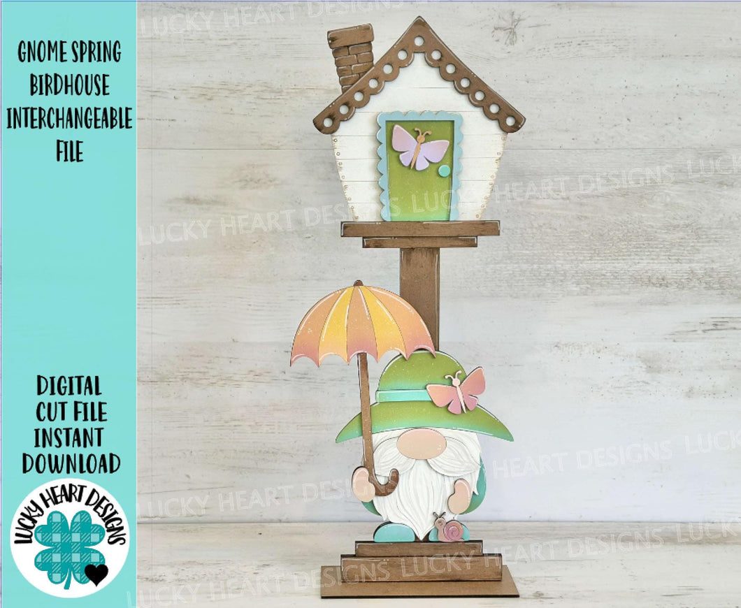 Gnome Spring for the Birdhouse Interchangeable File SVG, Glowforge, Umbrella, Flower, Floral, Seasonal, Holiday Shapes, LuckyHeartDesignsCo