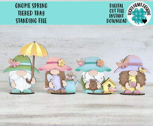 Gnome Spring Tiered Tray Standing File SVG, Umbrella, Flower, Butterfly, Birdhouse, Garden, Glowforge, LuckyHeartDesignsCo