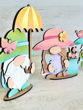 Load image into Gallery viewer, Gnome Spring Tiered Tray Standing File SVG, Umbrella, Flower, Butterfly, Birdhouse, Garden, Glowforge, LuckyHeartDesignsCo
