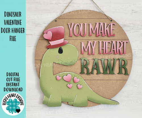 Dinosaur Valentines Door Hanger Sign File SVG, Glowforge, Heart, Rawr, Roar, LuckyHeartDesignsCo