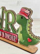 Load image into Gallery viewer, Dinosaur Valentine Rawr LOVE Shelf Sitter Sign File SVG, Heart, Roar, Tiered Tray Glowforge LuckyHeartDesignsCo
