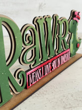 Load image into Gallery viewer, Dinosaur Valentine Rawr LOVE Shelf Sitter Sign File SVG, Heart, Roar, Tiered Tray Glowforge LuckyHeartDesignsCo
