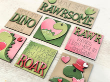 Load image into Gallery viewer, Dinosaur Valentines MINI Interchangeable Leaning Sign File SVG, Roar, Rawr, Heart, Love, Tiered Tray Glowforge, LuckyHeartDesignsCo
