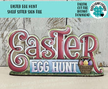 Load image into Gallery viewer, Easter Egg Hunt Shelf Sitter Sign File SVG, Glowforge, Standing, Basket, Bunny, Tiered Tray LuckyHeartDesignsCo
