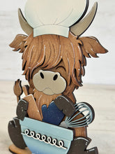 Load image into Gallery viewer, Kitchen Baking Highland Cow Standing File SVG, Snowflake, Farm, Chef, Rolling Pin, Cook, Tiered Tray, Glowforge, LuckyHeartDesignsCo
