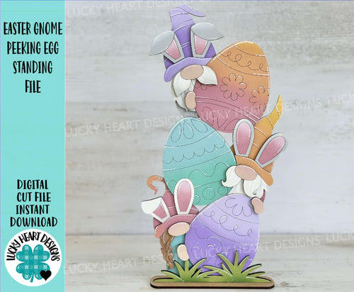 Easter Gnome Peeking Egg Standing File SVG, Glowforge Bunny, Tiered Tray, LuckyHeartDesignsCo
