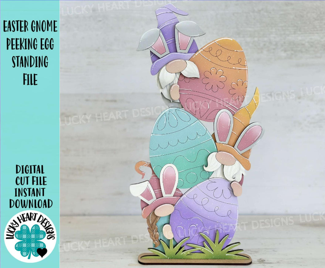 Easter Gnome Peeking Egg Standing File SVG, Glowforge Bunny, Tiered Tray, LuckyHeartDesignsCo