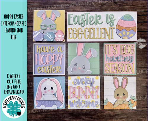 Hoppy Easter Interchangeable Leaning Sign File SVG, Glowforge Tiered Tray, Nerdy, Floppy Ear, Carrot, Egg, Spring, LuckyHeartDesignsCo