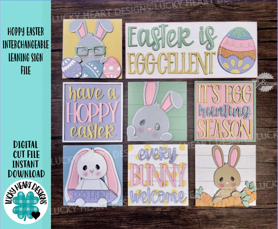 Hoppy Easter Interchangeable Leaning Sign File SVG, Glowforge Tiered Tray, Nerdy, Floppy Ear, Carrot, Egg, Spring, LuckyHeartDesignsCo