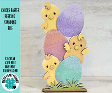 Load image into Gallery viewer, Chicks Easter Peeking Standing File SVG, Glowforge, Bird, Spring, Bunny, Egg Hunt, LuckyHeartDesignsCo
